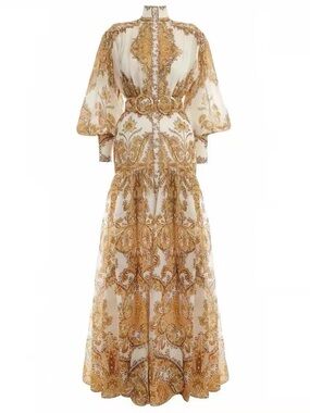 Designer White and Gold Paisley Maxi Dress